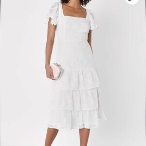 Lulu's White Tiered Floral Midi Dress Flutter Sleeves Tie Back Open Back Sz S